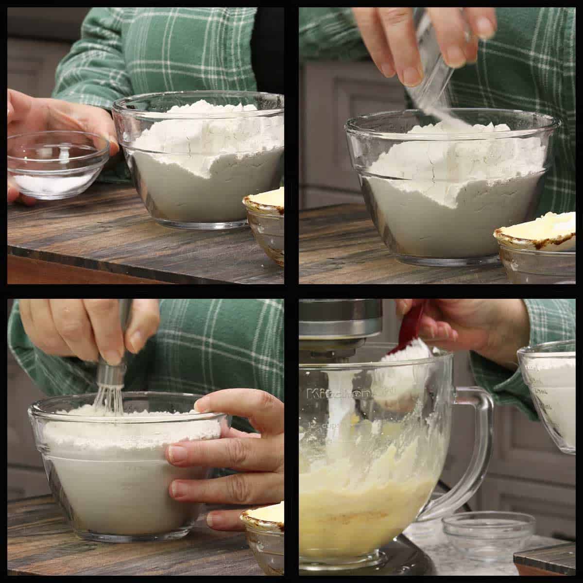 mixing dry ingredients together and adding ⅓ to the mixing bowl with the wet ingredients.
