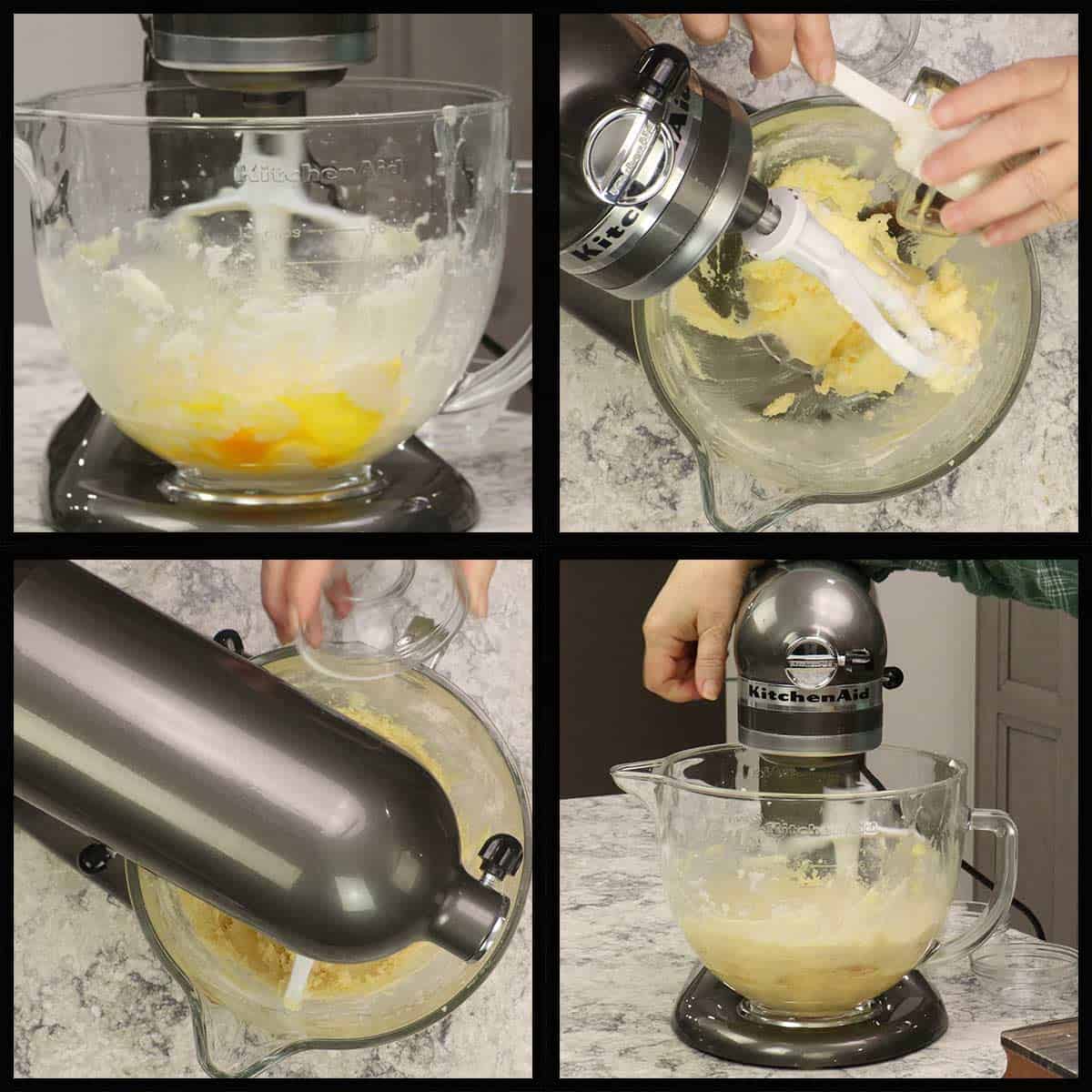mixing in the egg, vinegar, and vanilla paste to the butter and sugar mixture.