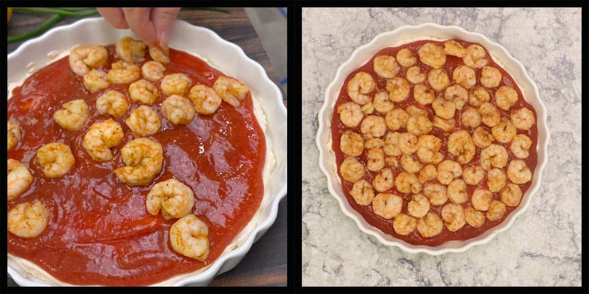 placing the shrimp on top of the cocktails sauce. 