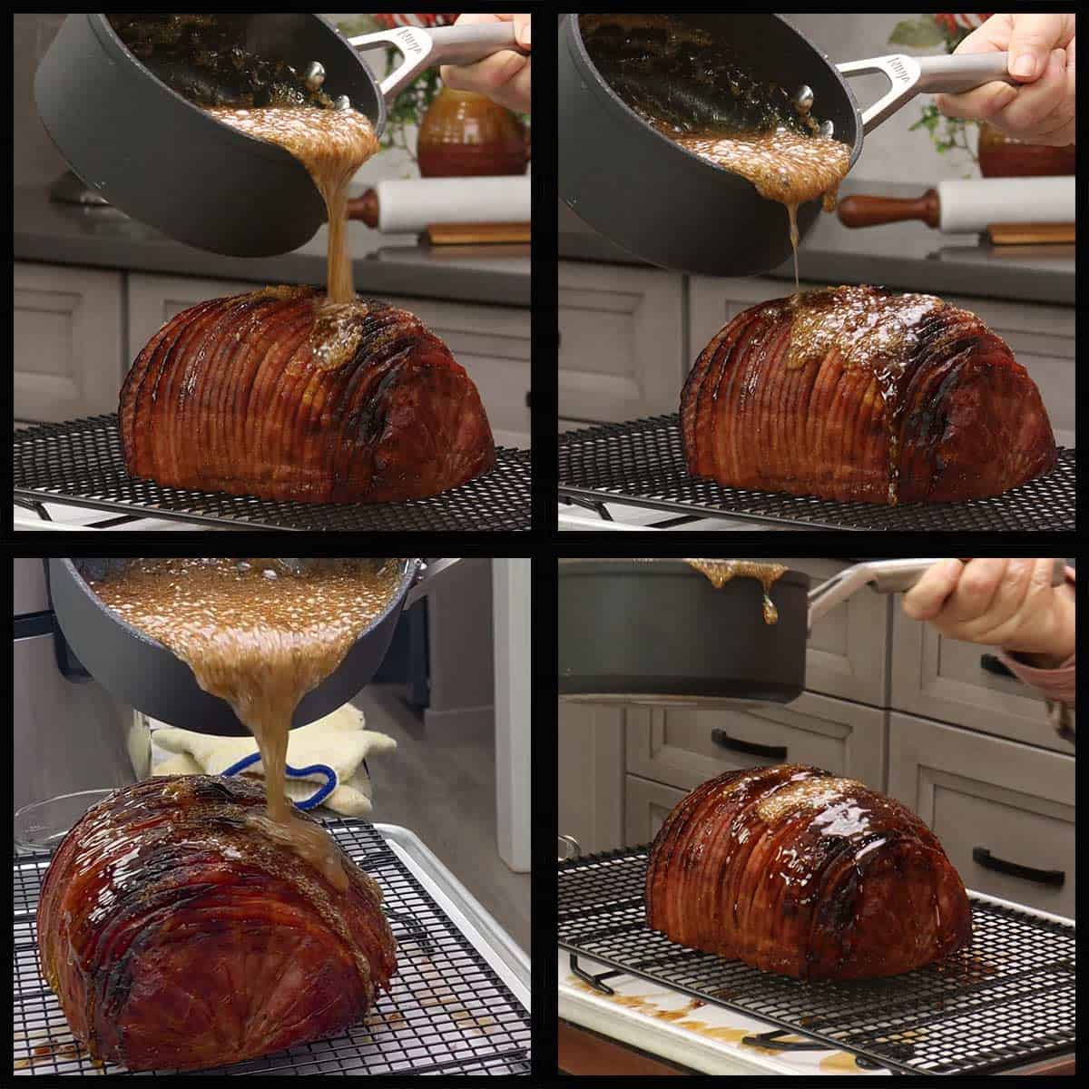 pouring hot sugar syrup over ham to create the hard sugar crust.