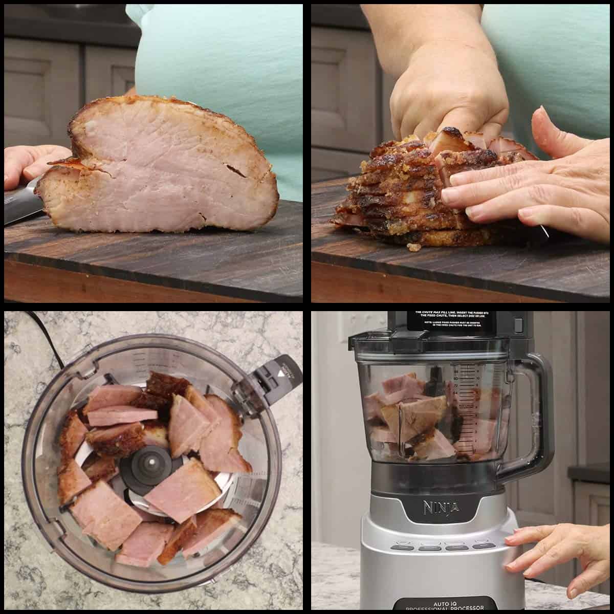 cutting the ham into chunks to process in the food processor.