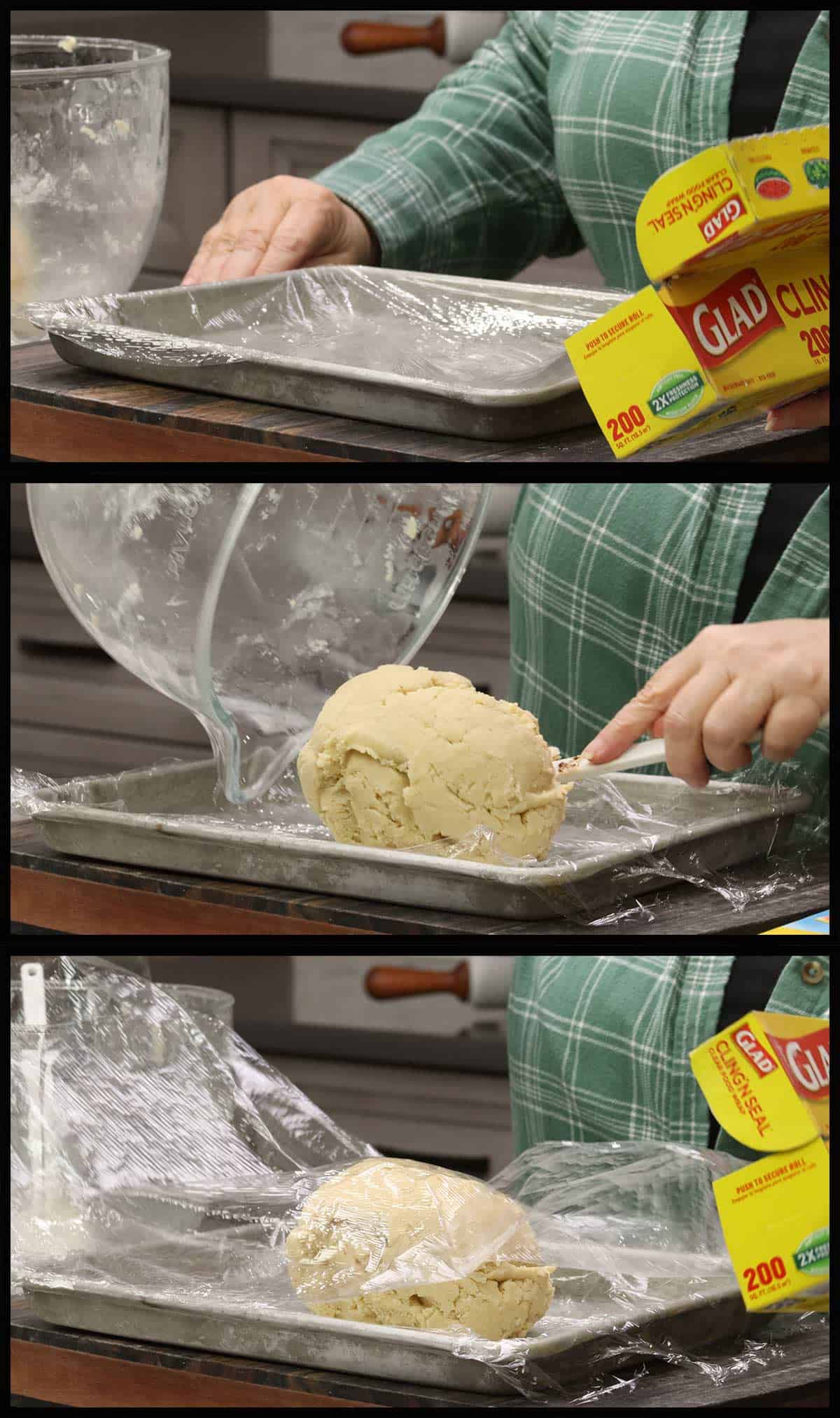 preparing the pan to press the cookie dough out into a 9x13 rectangle. 