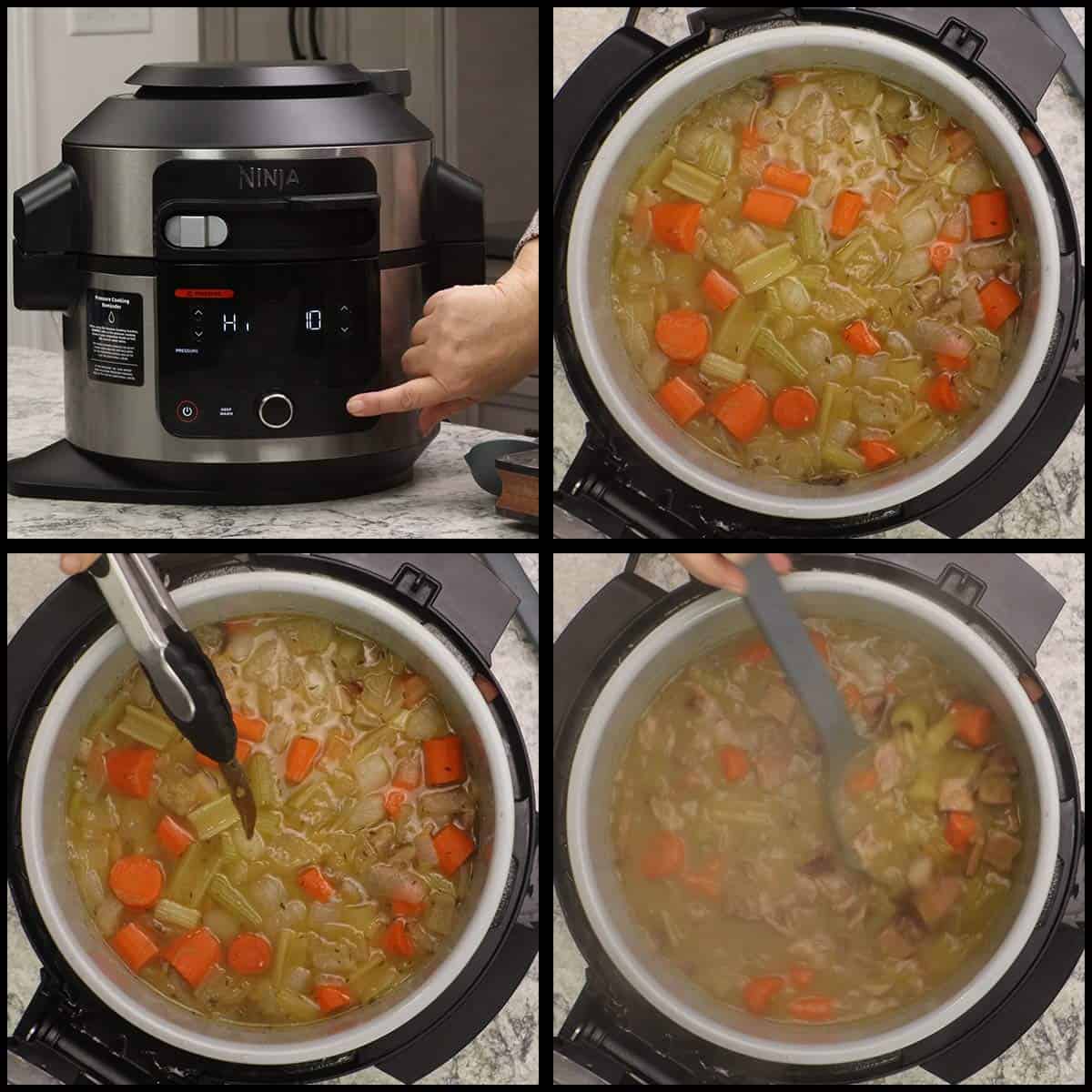 pressure cooking the split pea soup with ham and stirring after the pressure cook time is done. 