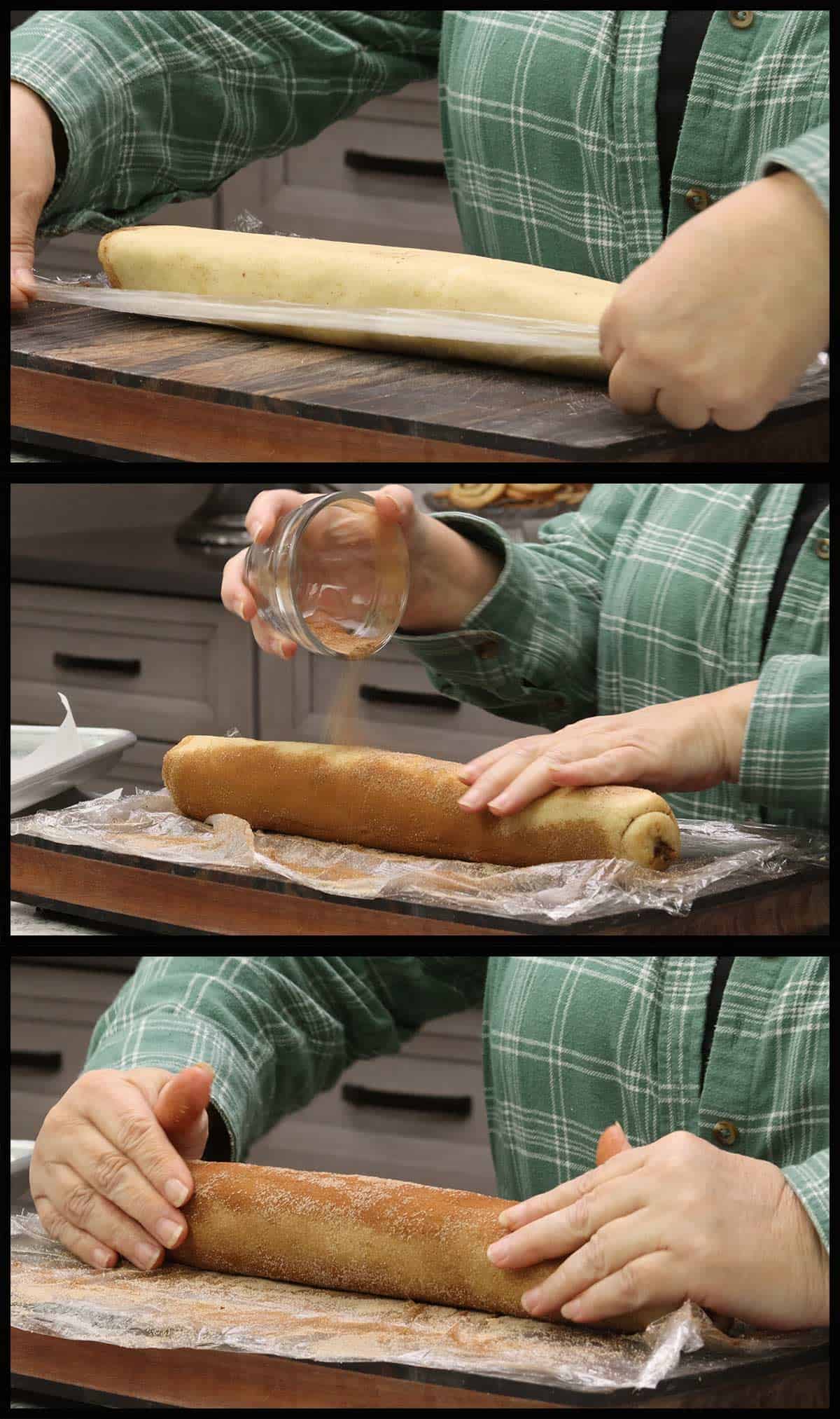 unwrapping chilled cookie log and covering it with cinnamon sugar