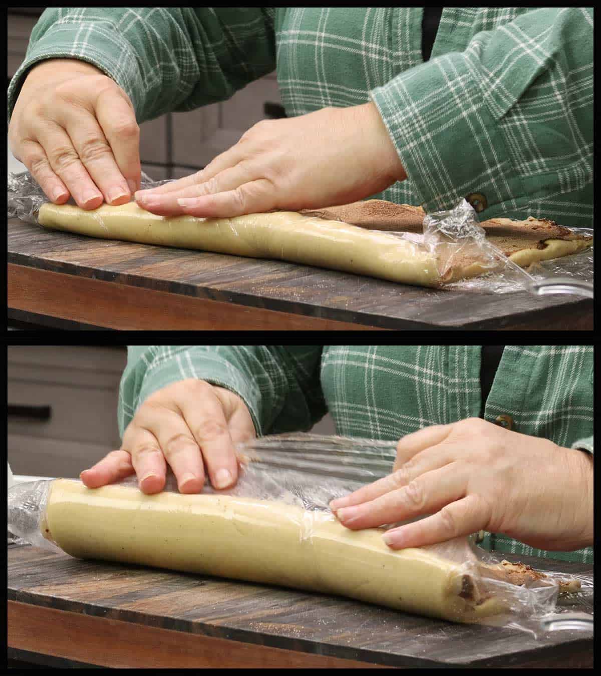 rolling the cookie dough into a log.