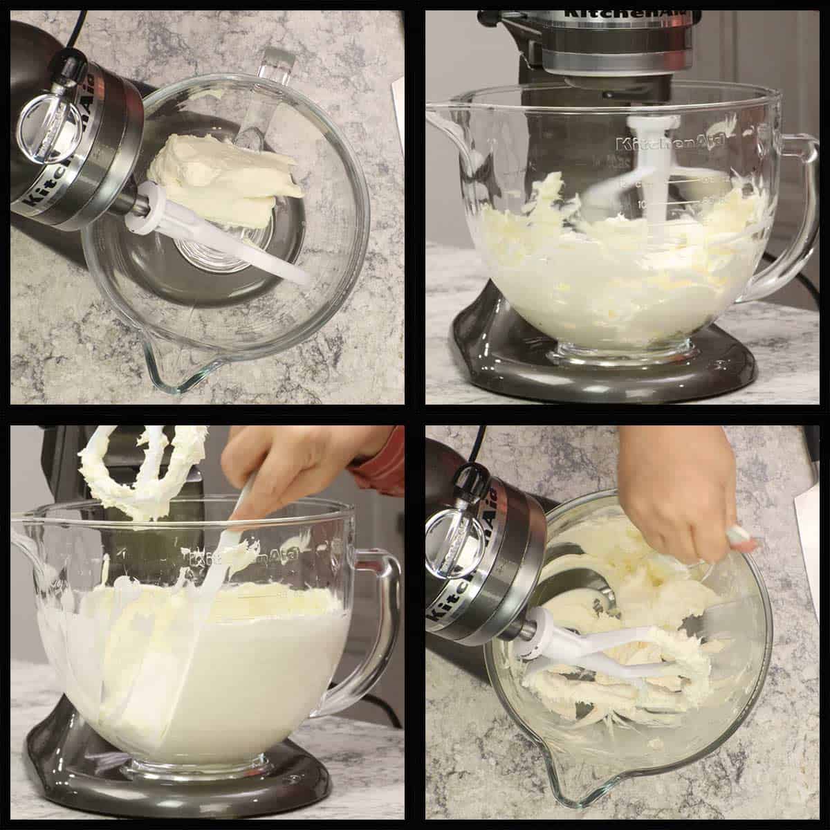 Mixing the cream cheese in the bowl of a stand mixer.