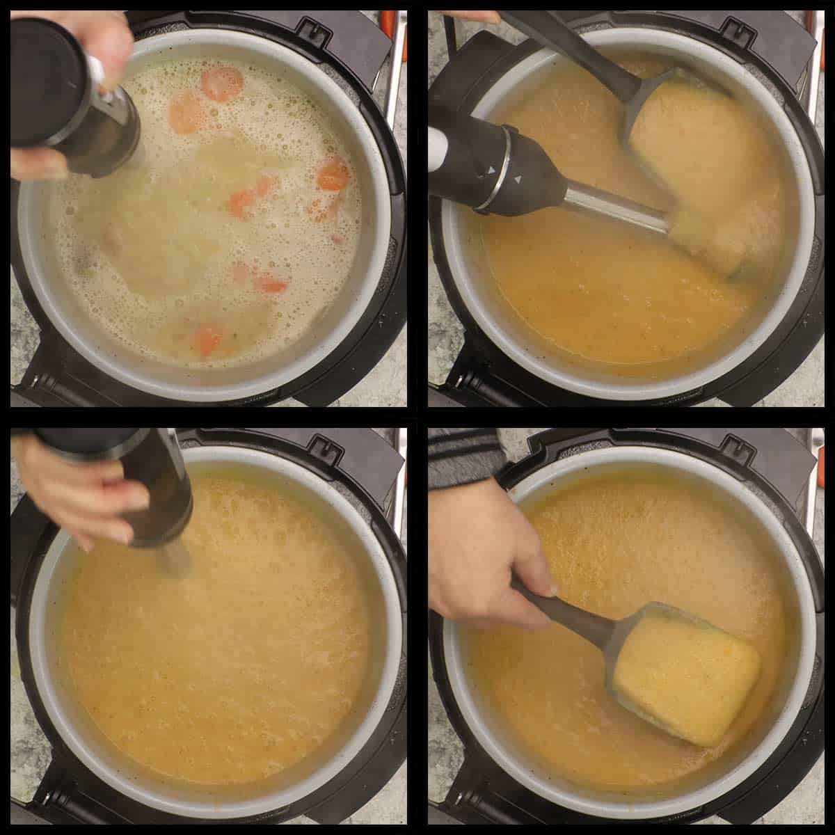 Blending the soup with an immersion blender.