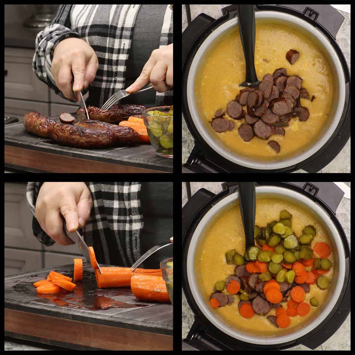 slicing carrots and sausage and adding to the soup.