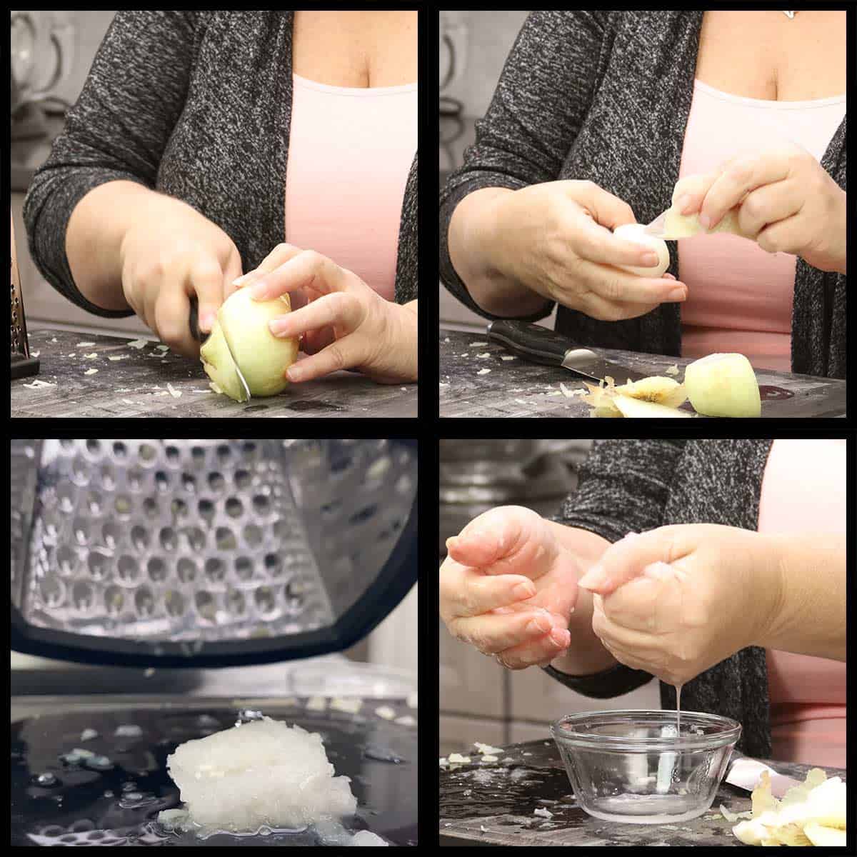 grating and squeezing the liquid from the onion.