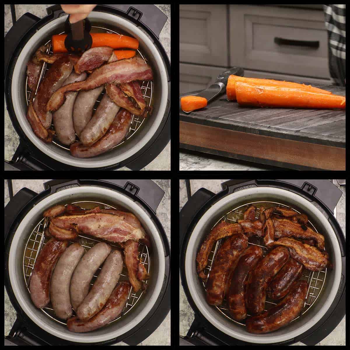 removing the carrots and flipping the sausage and bacon. 