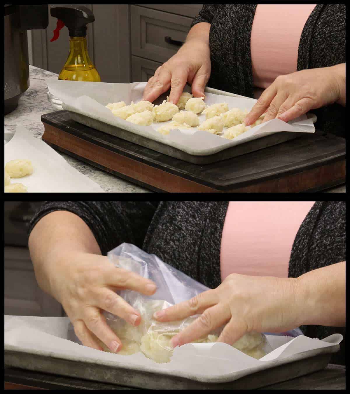 Freezing homemade tater tots on a parchment lined tray and transfering them to a freezer bag after they are frozen.