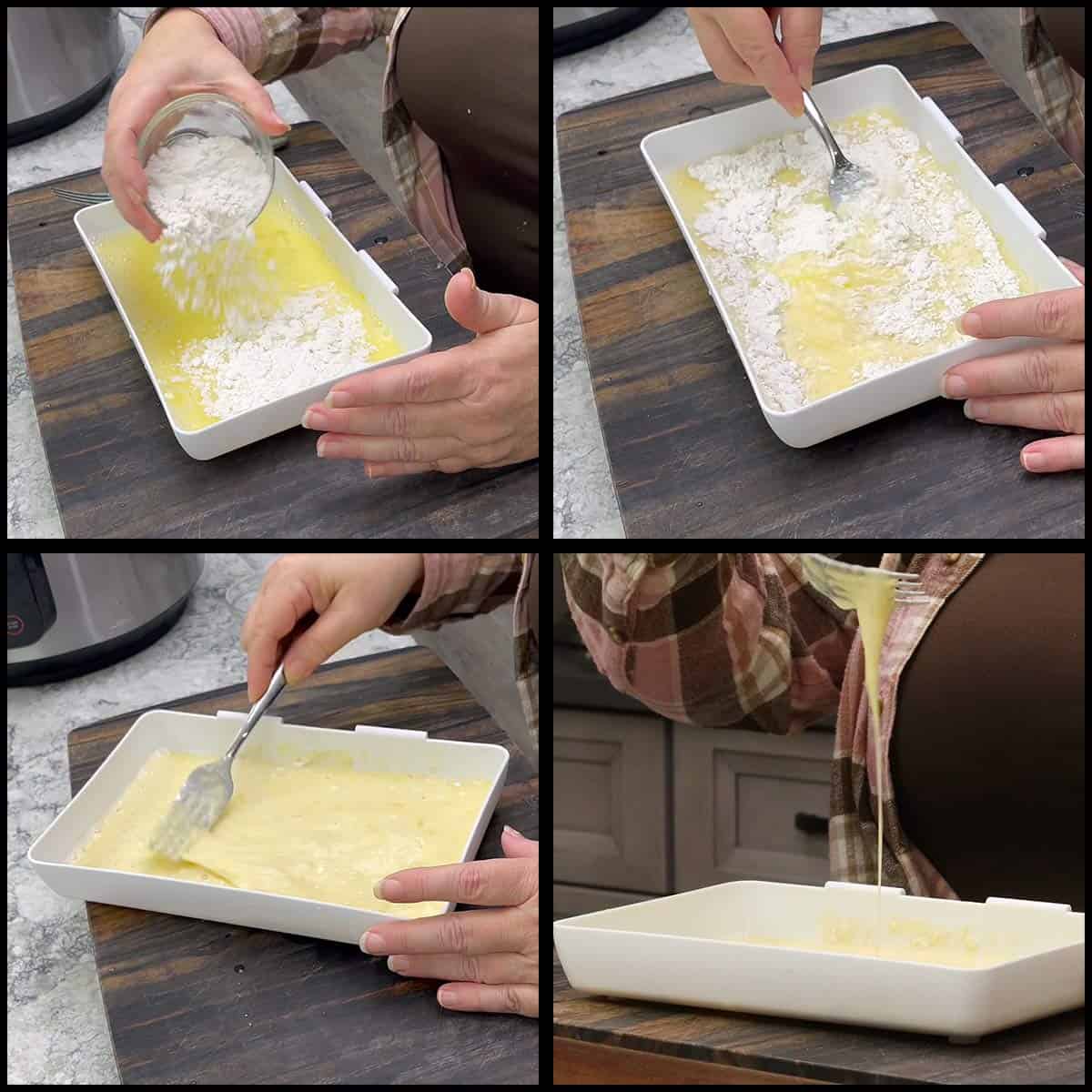 mixing the flour into the wet ingredients to create a thin batter.