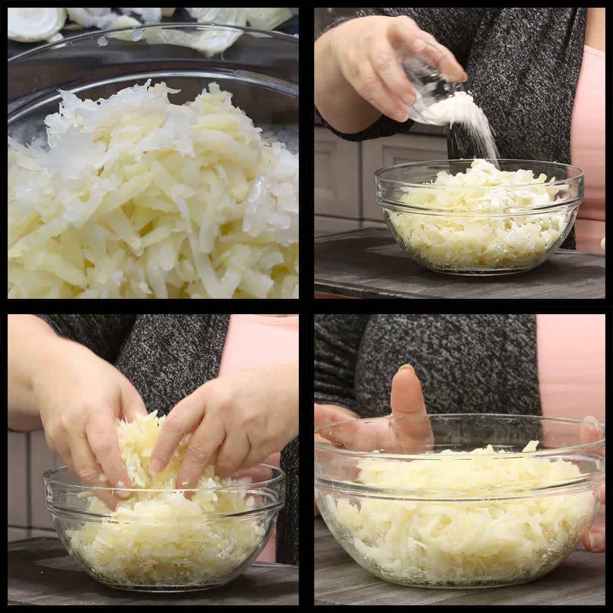 Adding the remaining ingredients to the bowl of shredded potatoes and mixing with hands to incorporate. 
