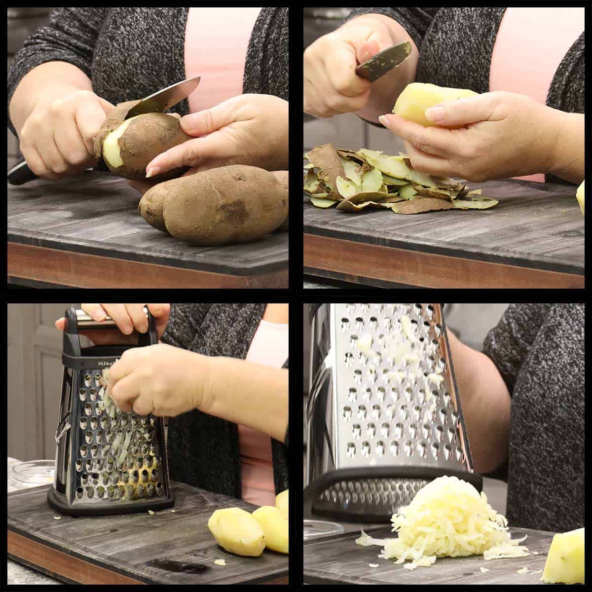 peeling and grating potatoes with a knife and box grater.