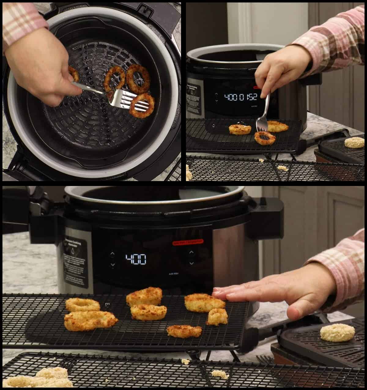 removing air fried calamari from air fryer onto cooling rack