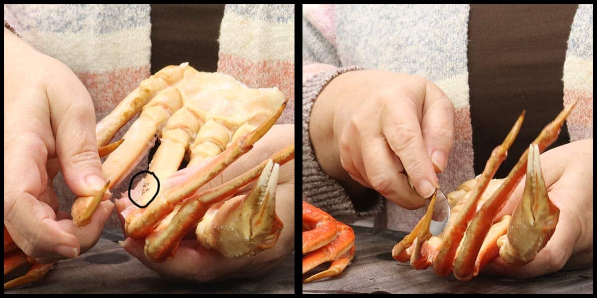 scraping black spots off of snow crab legs before steaming them. 