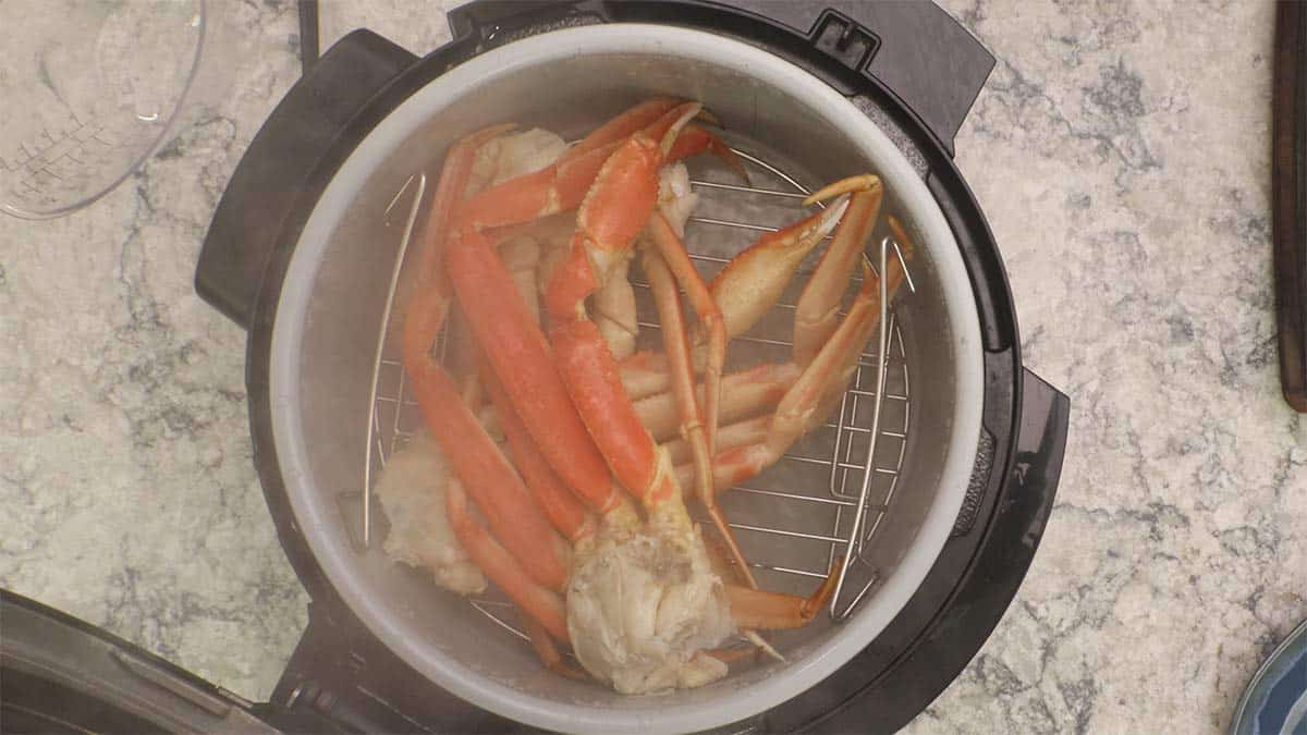 Snow crab legs in the Ninja Foodi after steaming.