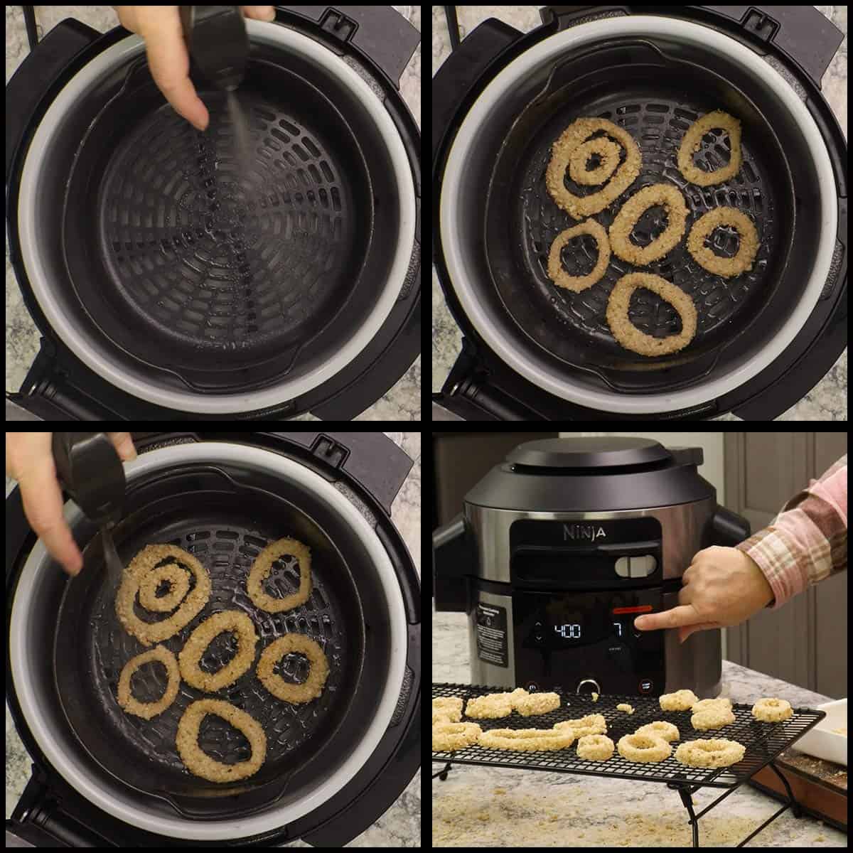 spritzing air fryer basket and then placing the calamari in a single layer and spritzing before air frying.