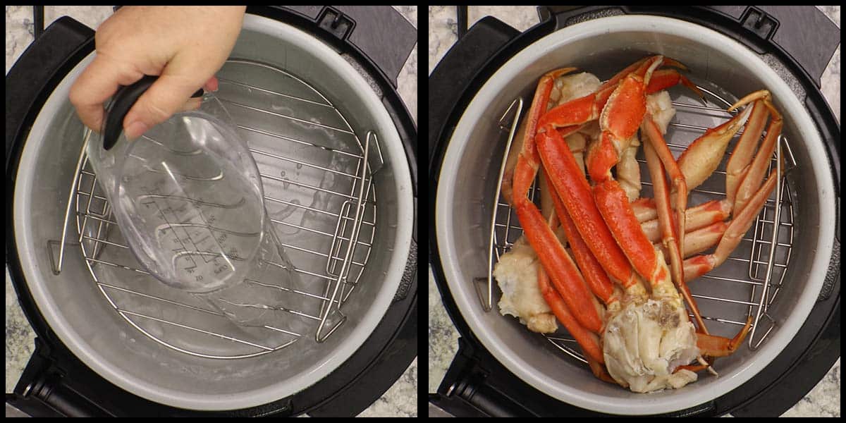 adding water and crab legs to Ninja Foodi before steaming.
