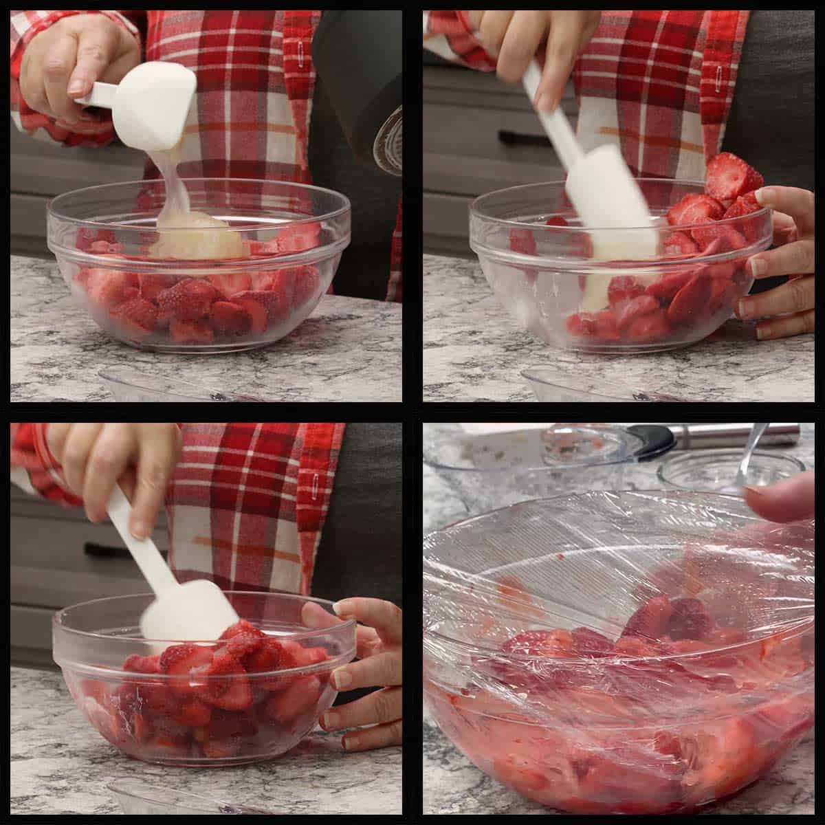 Mixing the thick glaze into the bowl of frozen strawberries.
