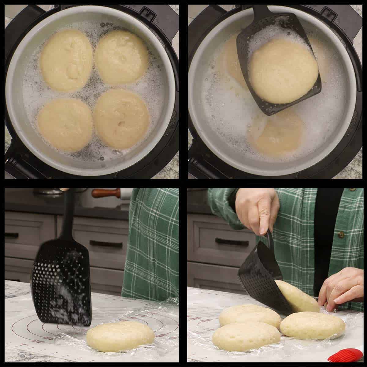 Flipping and then removing the buns from the baking soda bath.