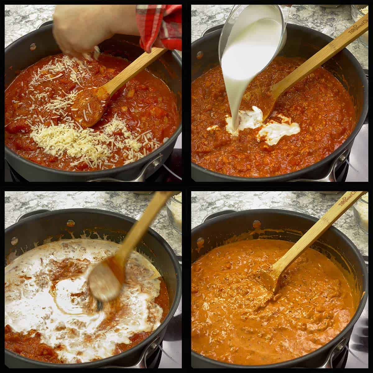 adding parm and cream to parma rosa sauce and stirring it in.