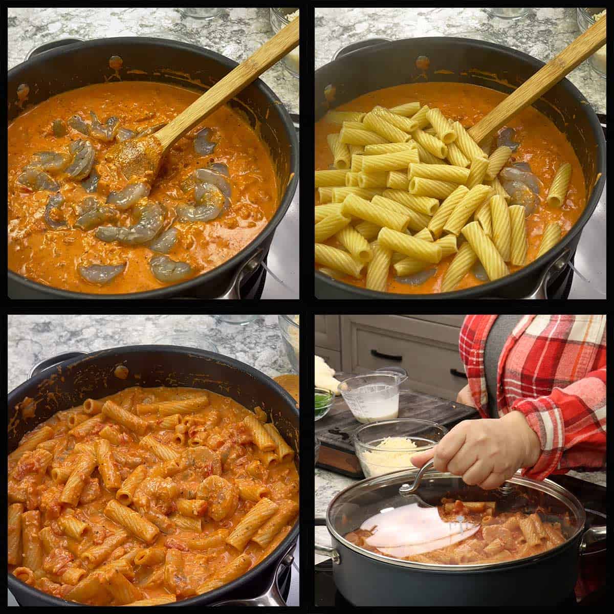 adding shrimp and pasta to parma rosa sauce.