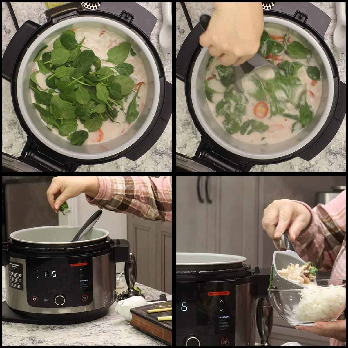 adding spinach and Thai basil to soup before serving.