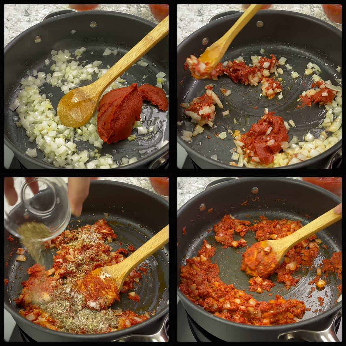 stirring in the tomato paste and seasonings. 