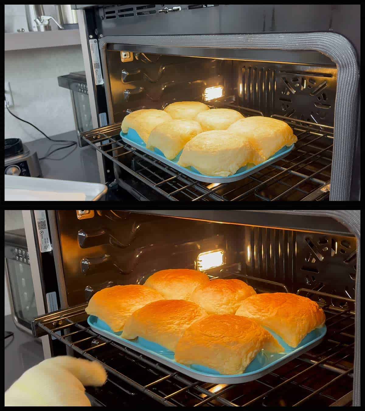removing the baked puff pastry from the oven.
