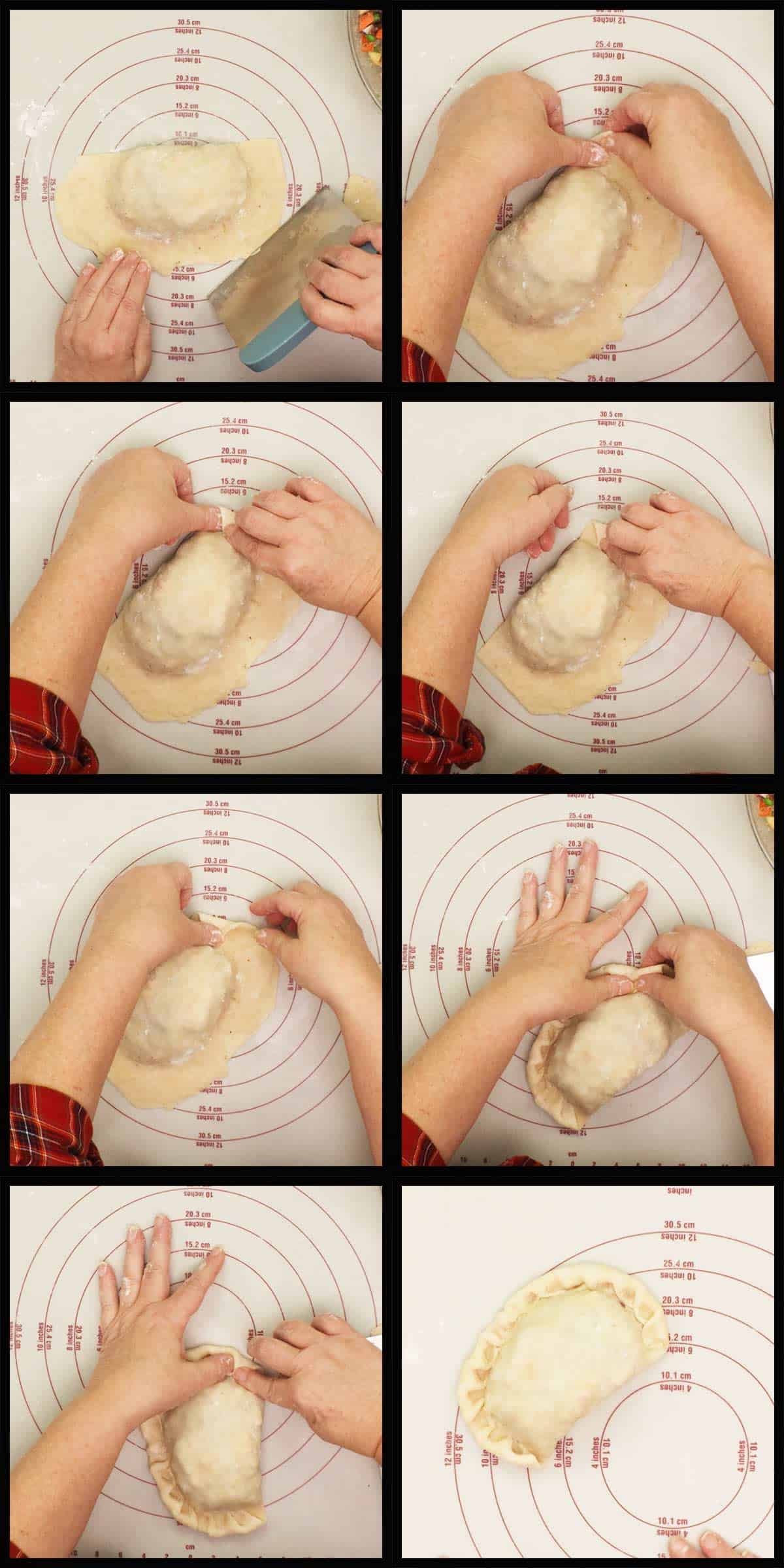 Crimping the edges of the savory hand pies before baking.