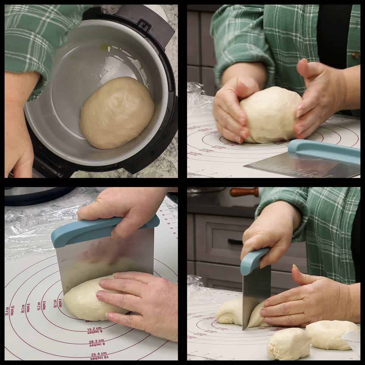 cutting proofed dough into 4 pieces.
