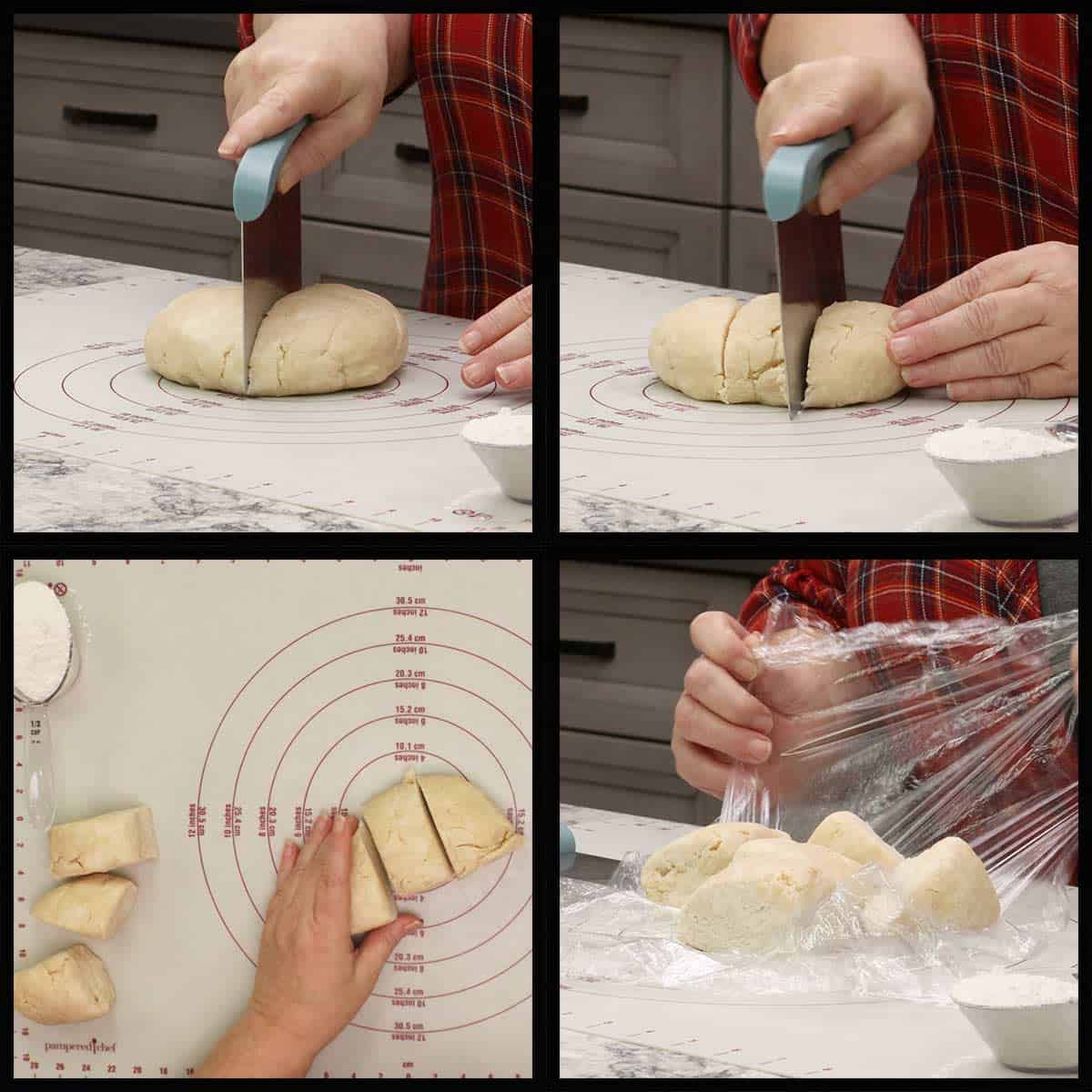 Dividing the dough into 6 equal portions. 
