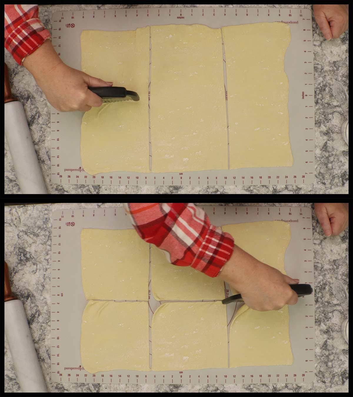 cutting the puff pastry into 6 pieces.