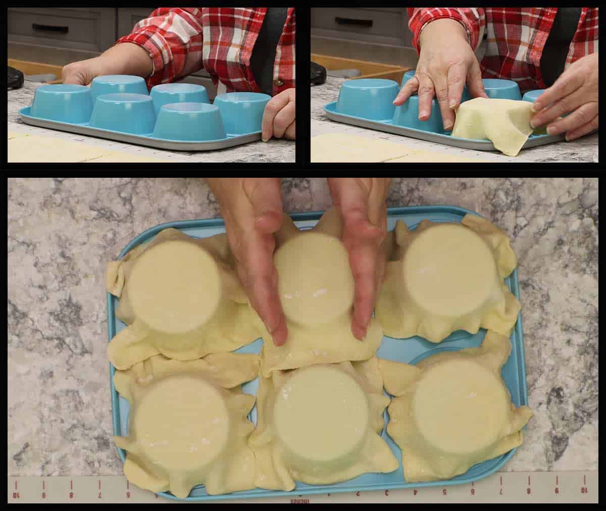 draping the squares of puff pastry over the muffin tin wells. 