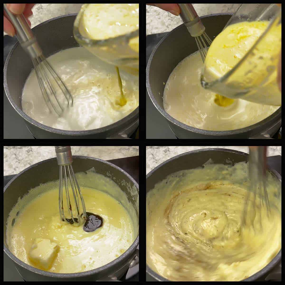 adding the egg mixture to the hot milk and whisking in butter and vanilla to finish the pastry cream.