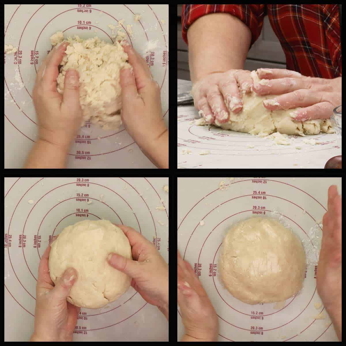 Forming the dough ball and wrapping it in plastic wrap to chill. 