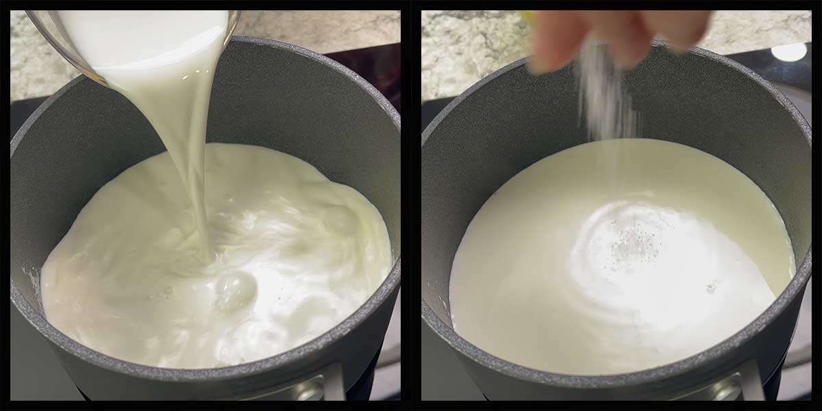 heating milk and salt to make pastry cream.