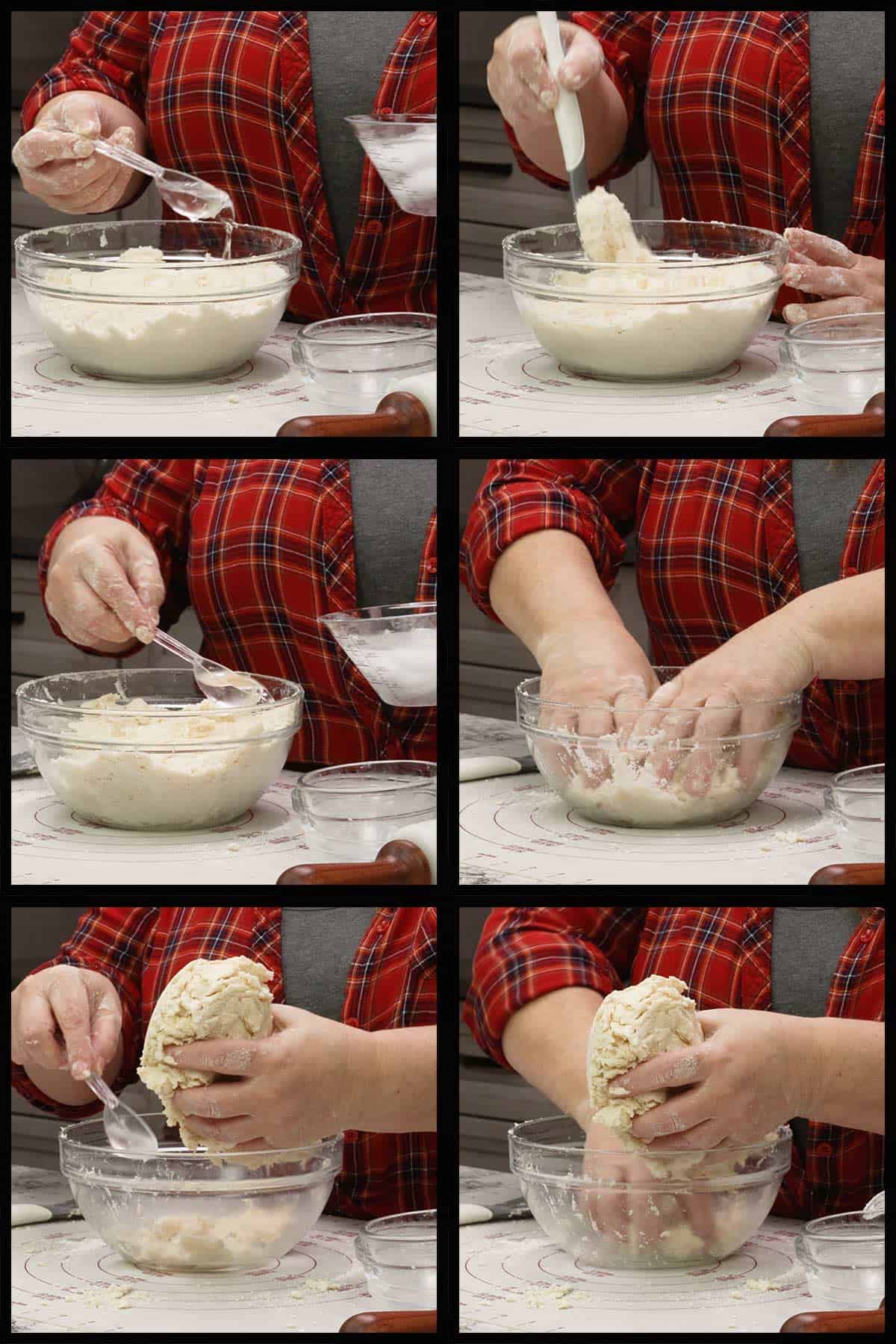 Hydrating the pastry dough with cold water and tossing with hands to combine.