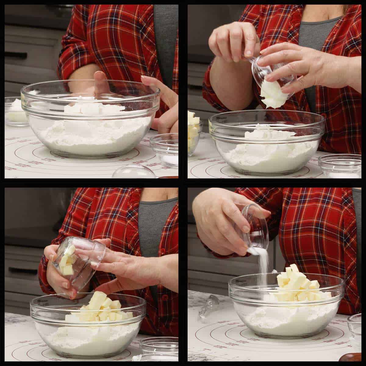adding flour, salt, butter and lard to a large mixing bowl to make the dough for the savory hand pies.