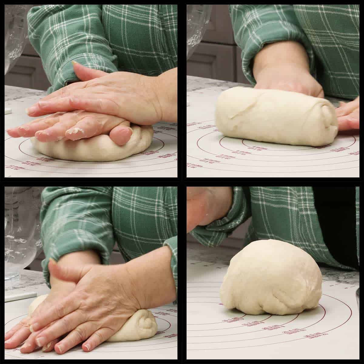 kneading the pretzel bun dough by hand.