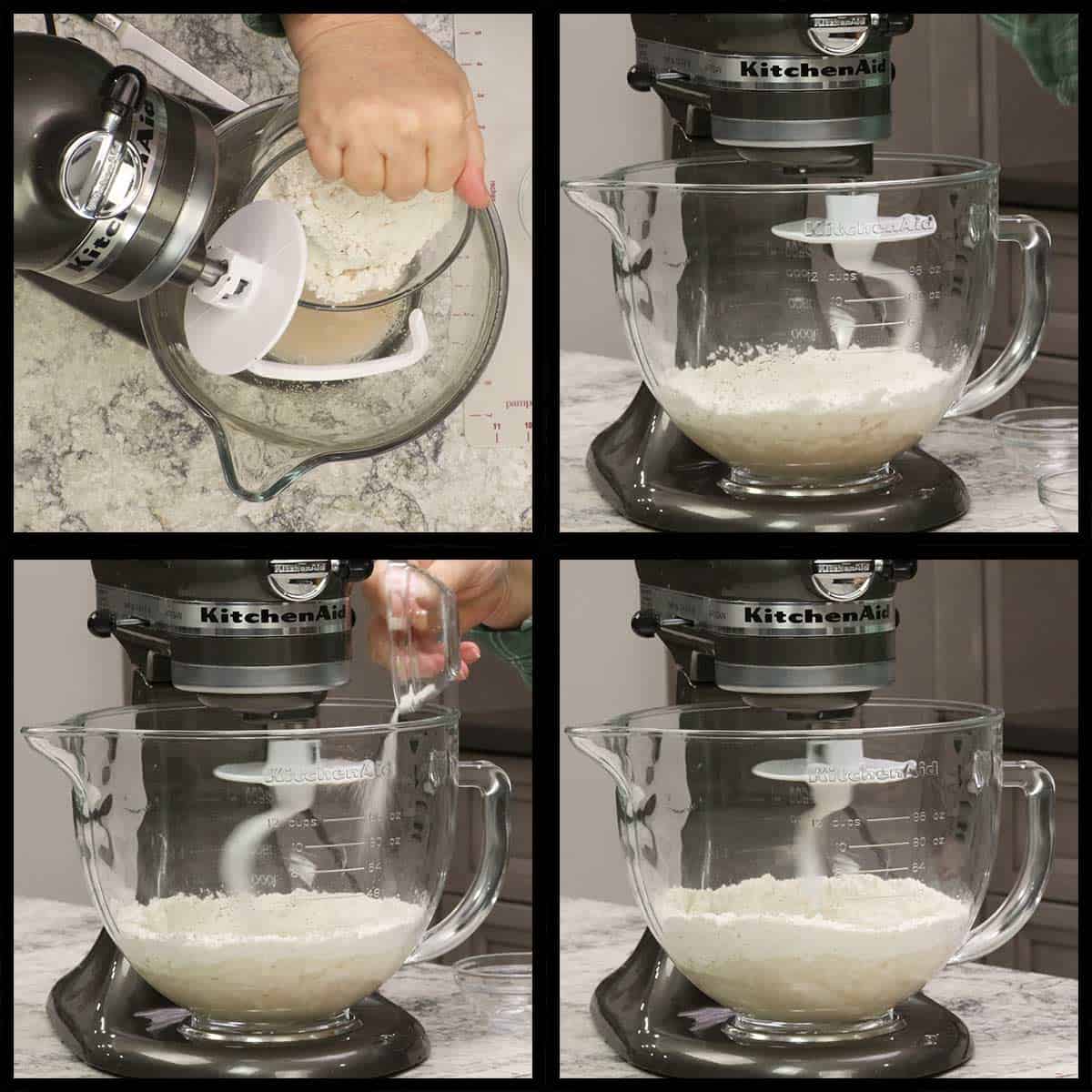 Adding in the flour and salt and mixing the dough in a stand mixer.