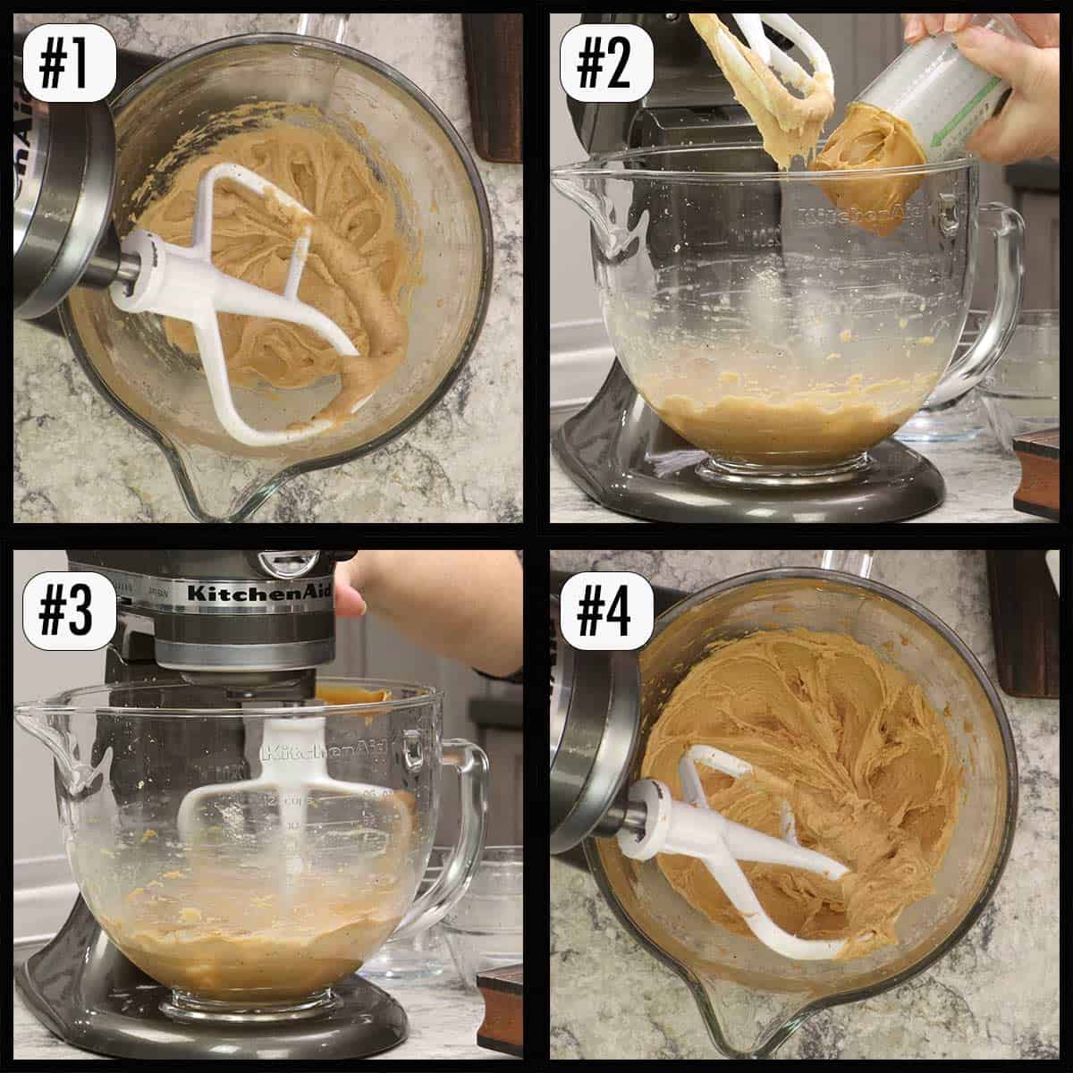 adding the peanut butter to the cookie batter.