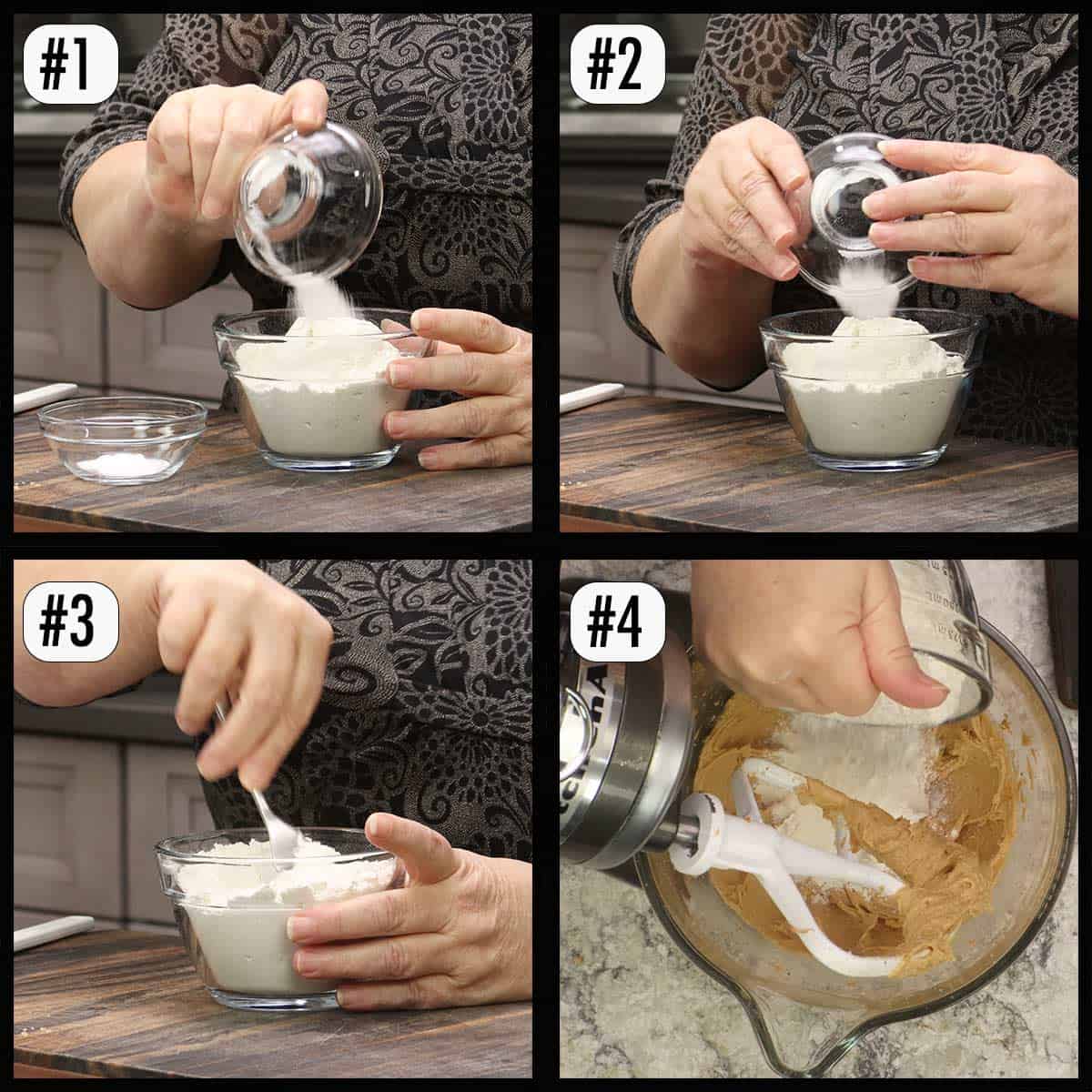 adding in the dry ingredients to the wet cookie batter.