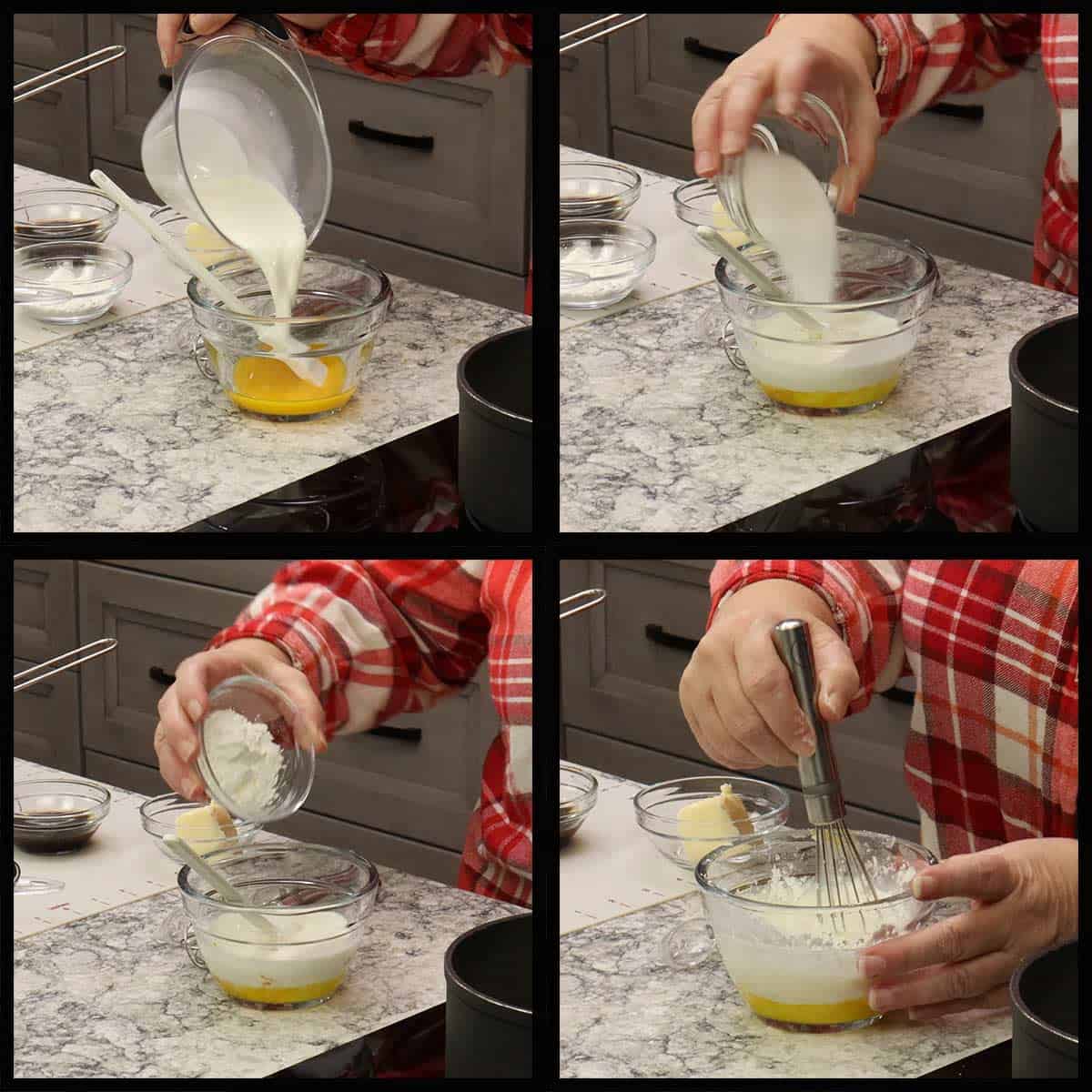 mixing the sugar, milk, and cornstarch into the egg yolks.