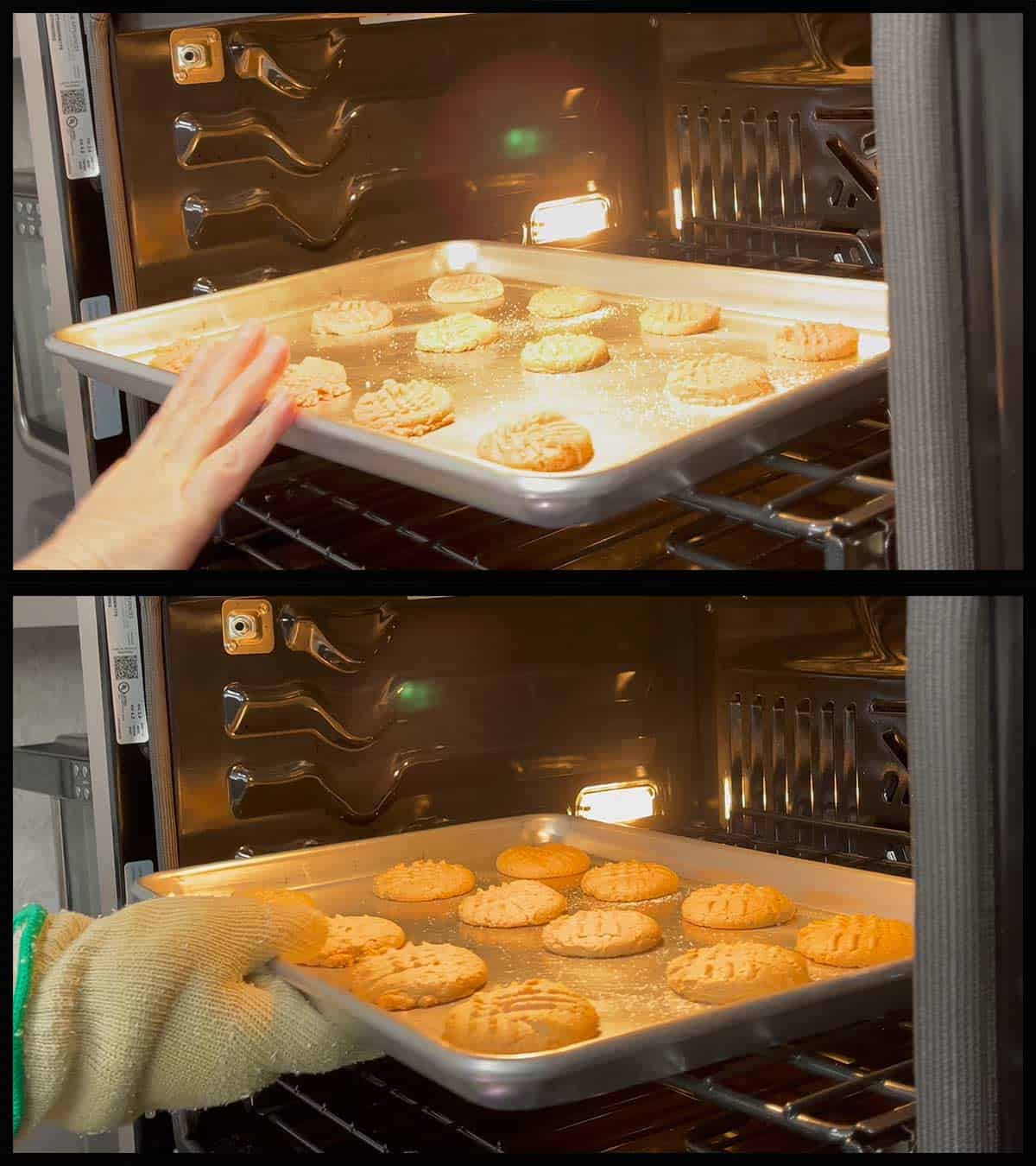 peanut butter cookies going in and coming out of the oven after baking.