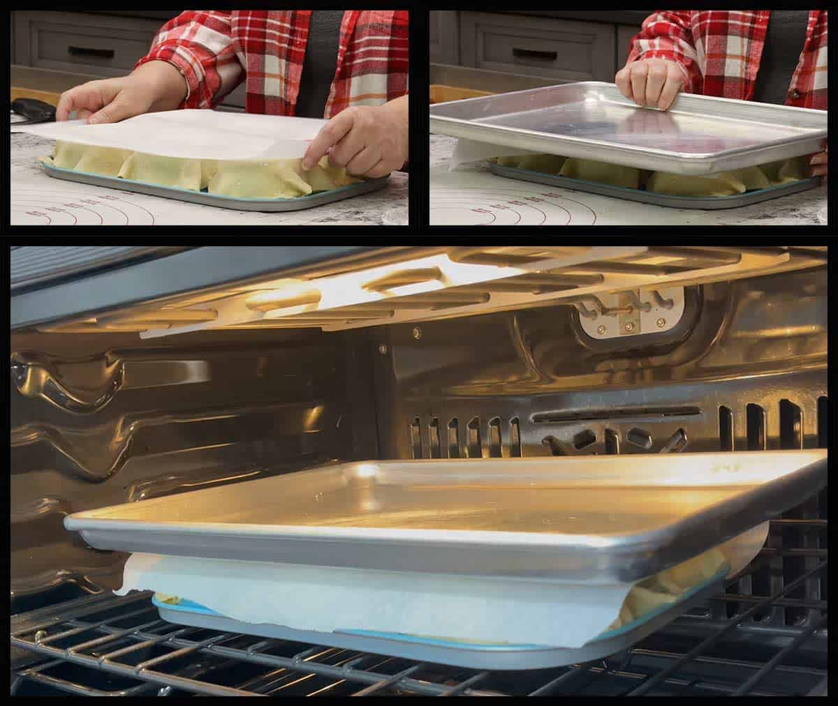 Placing parchment and tray over pastry dough and putting it into the oven to bake.