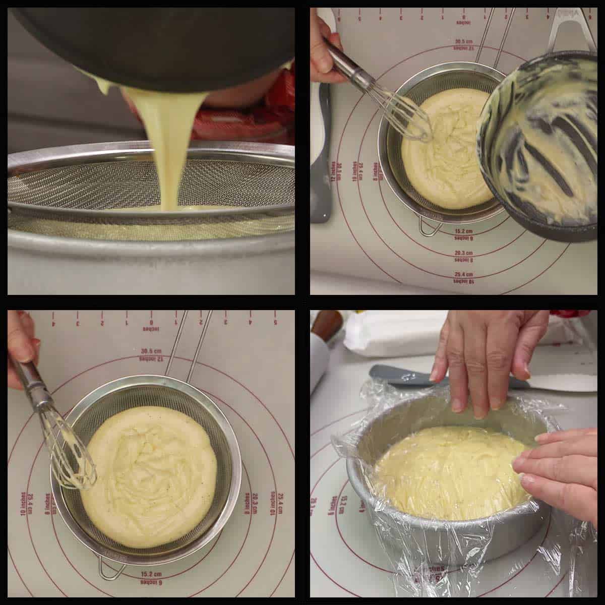Pouring finished pastry cream through a fine sieve strainer into a shallow container and covering with plastic wrap to chill.