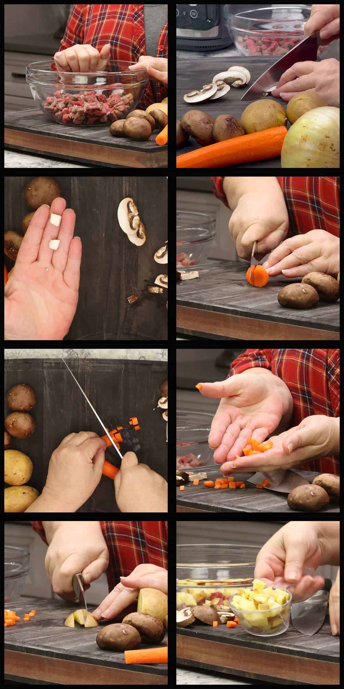 Cutting all the vegetables so they are about ½" dice. 