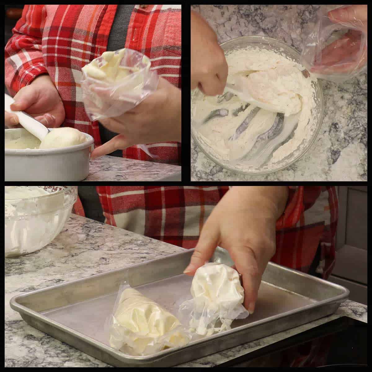 Putting pastry cream and whipping cream into separate decorating bags.